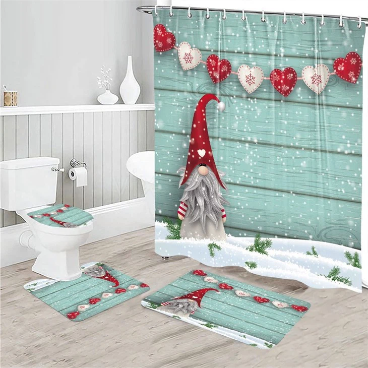 Cartoon Santa Shower Curtain Polyester Waterproof Bathroom Curtain Carpet Floor Mat Shower Curtain Four-piece Set